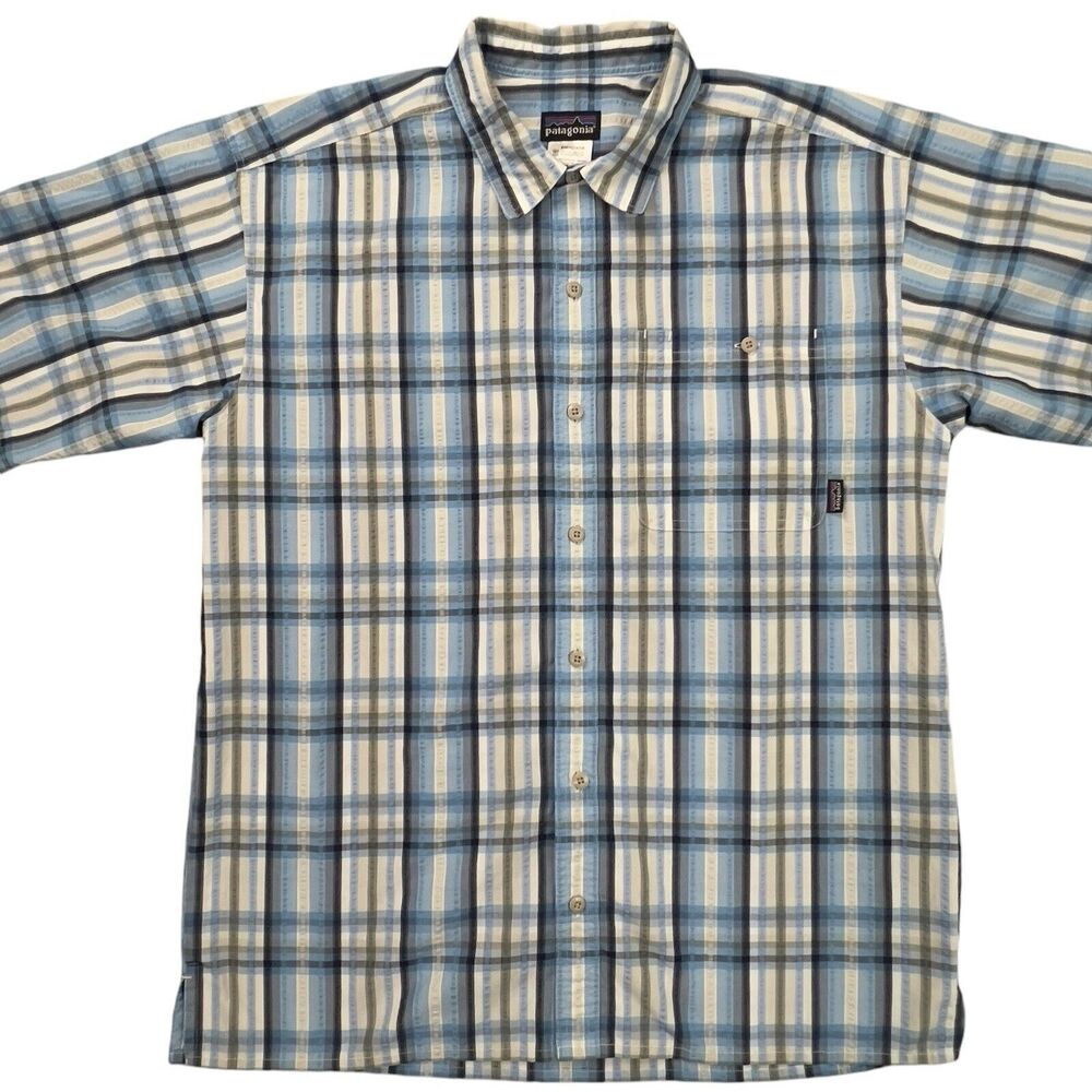 Patagonia Shirt Mens M Blue Plaid Short Sleeve Button Up Textured Organic Cotton